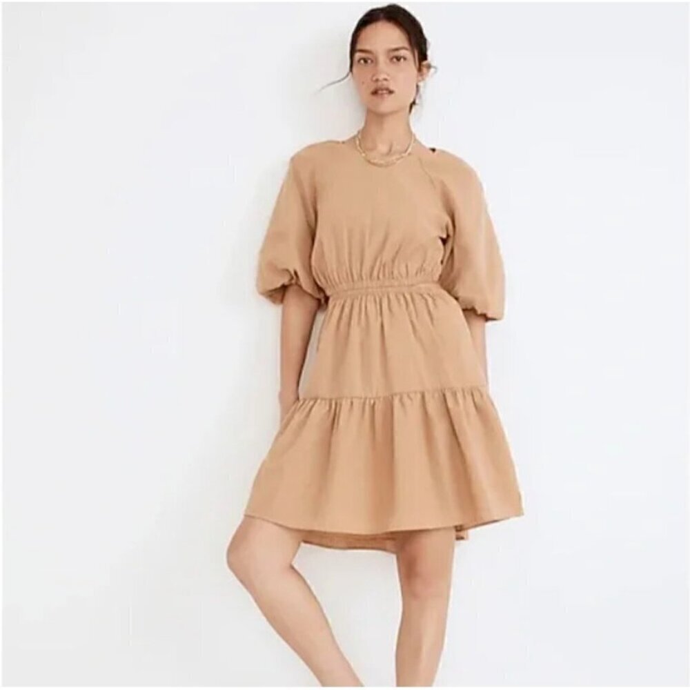 Madewell Seersucker Puff Sleeve Cutout Mini Dress Size PL Seed Khaki NF870